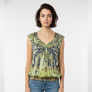 One World Blouse Green Boho Embroidered Sequin Festival Hippie M